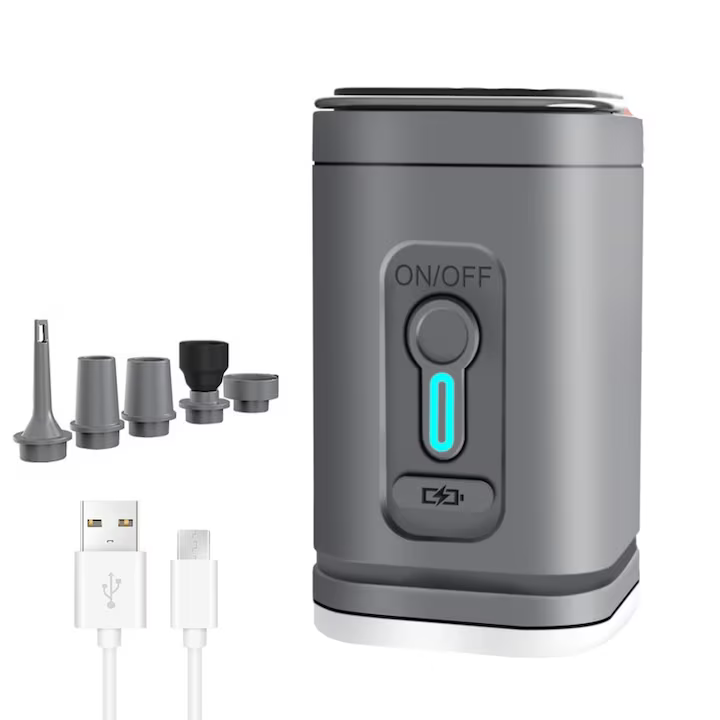 Pompa de aer electrică portabilă cu lanternă LED – 3 moduri luminoase, 5 duze, USB reîncărcabilă