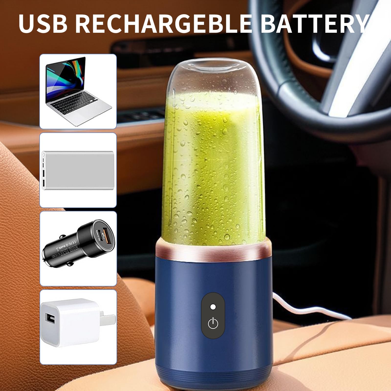 Mini Blender Portabil Electric, Cu Acumulator, 2 Recipiente, 6 Lame 3D, 300 ml, 40W, Capac Inclus, Albastru