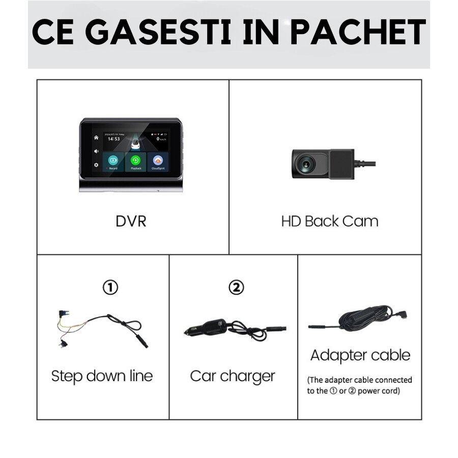 Camera video auto DVR 2K, cartela SIM 4G, monitorizare parcare 24h, 2 camere fata-spate, monitorizare parcare, control din aplicatie, G-senzor, inregistrare in bucla, vedere nocturna, unghi vizual larg, display LCD 3 inch