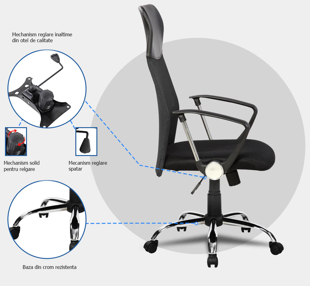 Scaun de birou ergonomic, mesh, inaltime reglabila, mecanism tilt, Negru