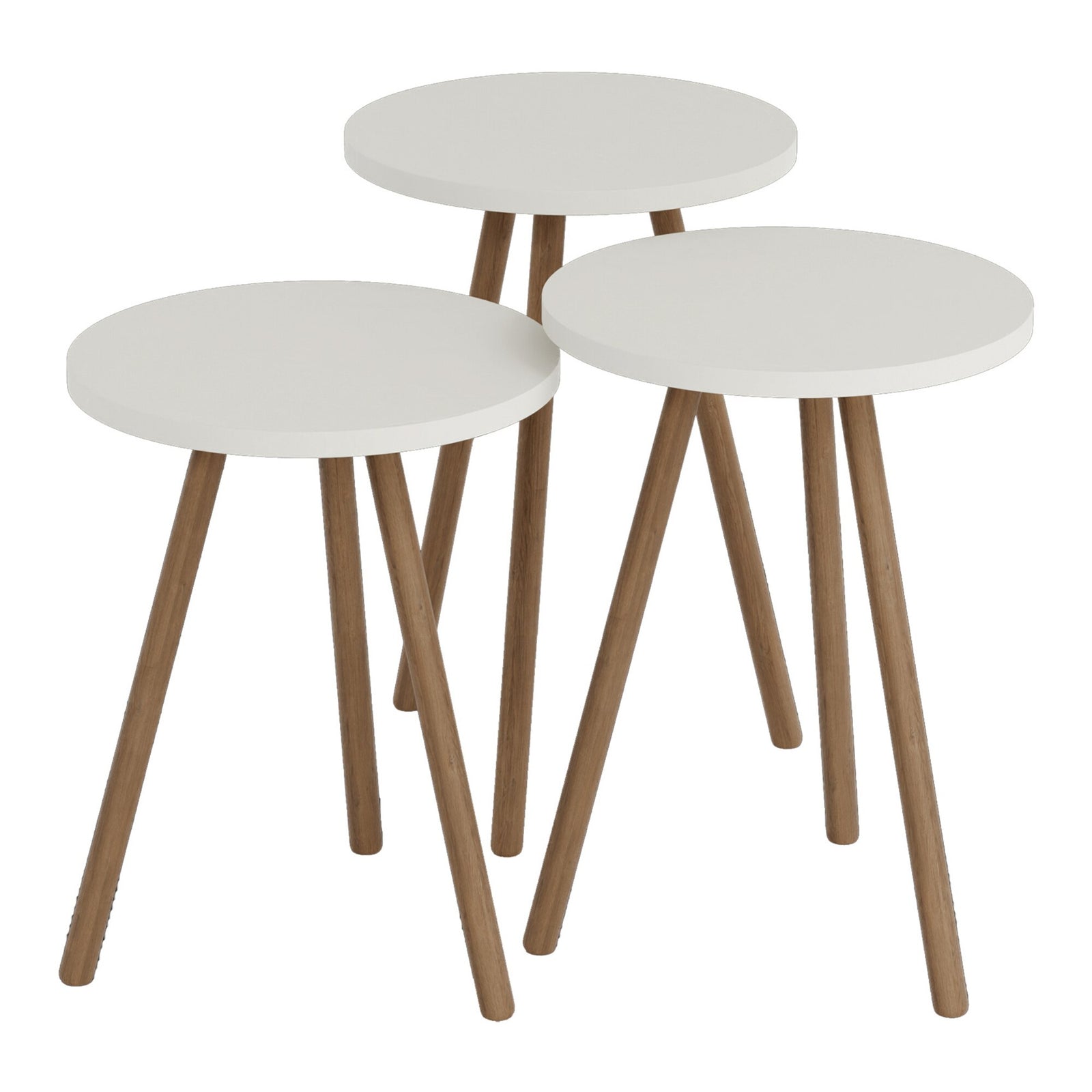 Set 3 masute decorative rotunde, cu picioare din lemn, stil scandinav, 3 inaltimi 41 / 45 / 49 cm