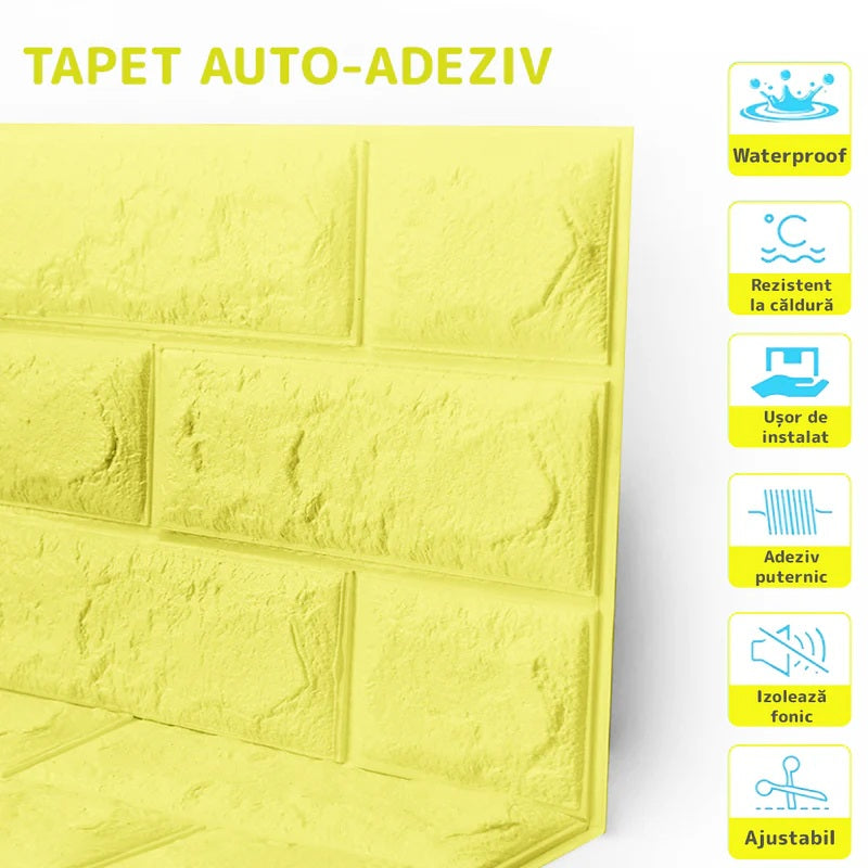 Tapet 3D caramida galbena auto-adeziv pentru interior, 70 x 77 cm