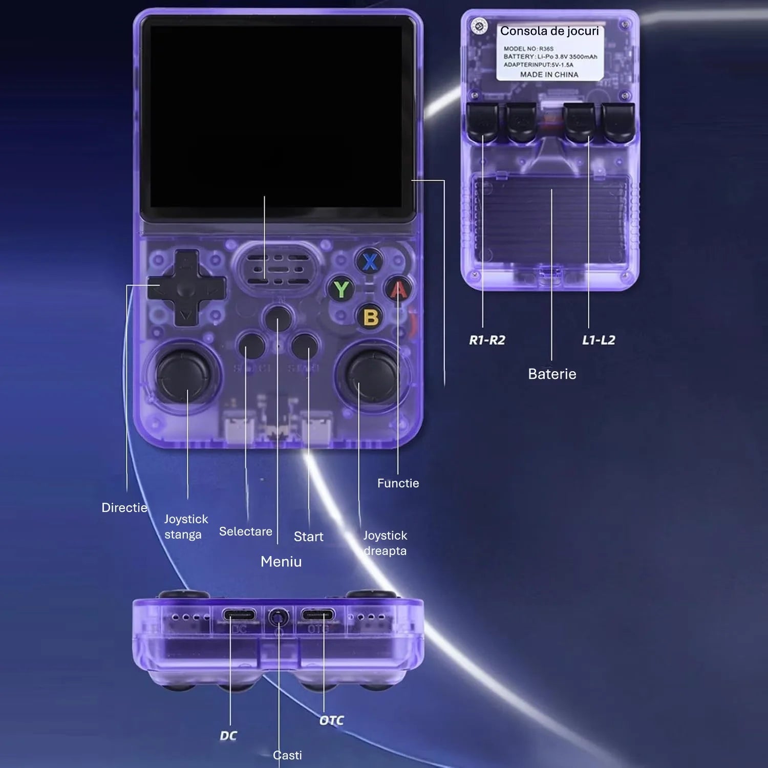 Consola de jocuri portabila R36S, ecran IPS 3.5 inch, 640x480, 64GB, Violet