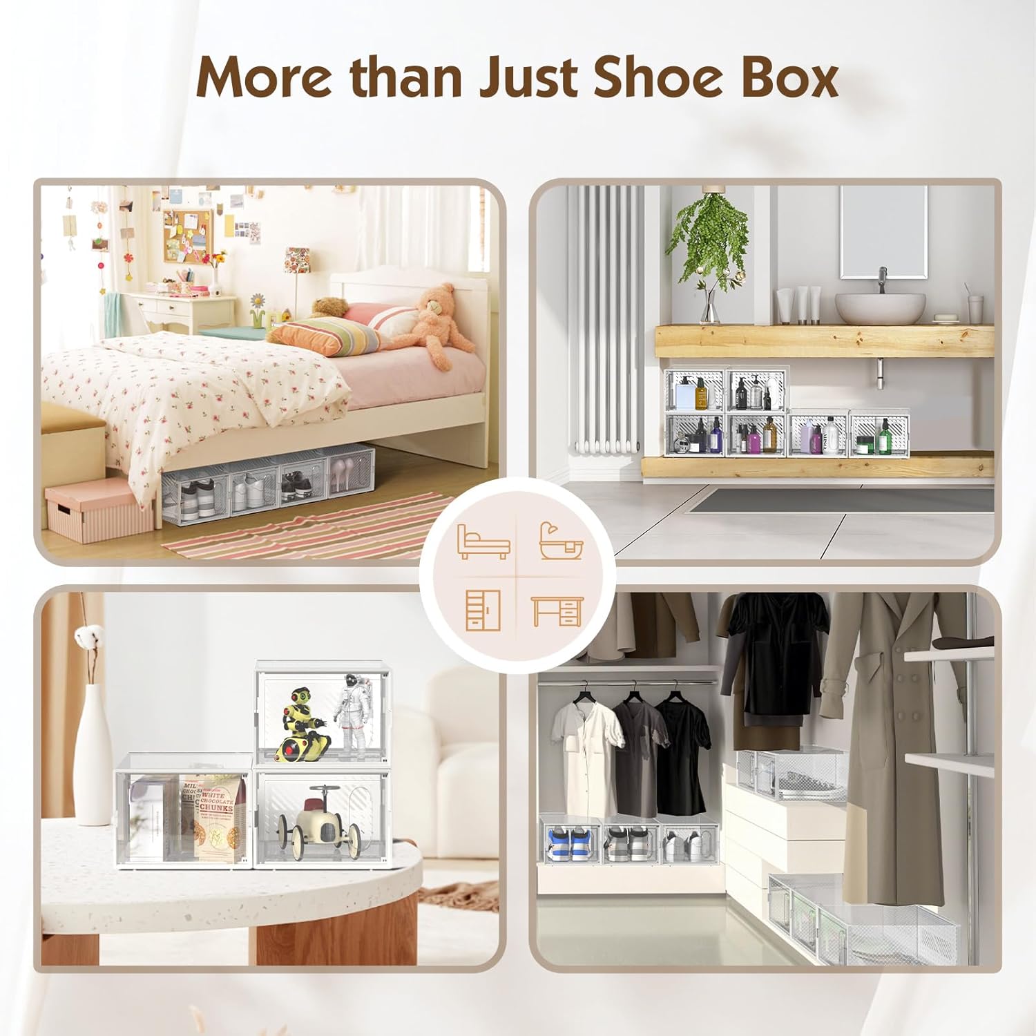 Set 4 cutii organizatoare pentru incaltaminte, pliabile, design transparent, 34.5x25.5x105cm, alb