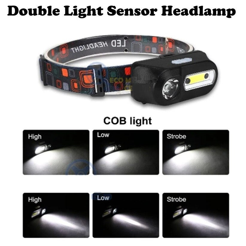 Lanterna frontala, de cap cu senzor, 3 moduri iluminat led Cob, 3 moduri iluminat led XPE, acumulator 3.7v, incarcare Usb 5v