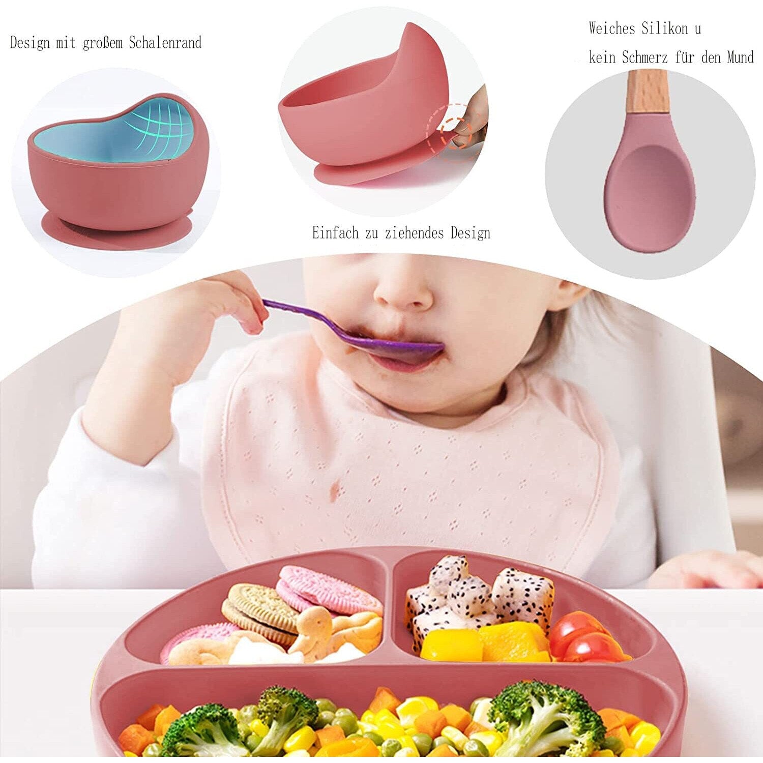 Set hranire bebelusi 8 piese, termorezistente, silicon, fara BPA, pliabile, usor de curatat