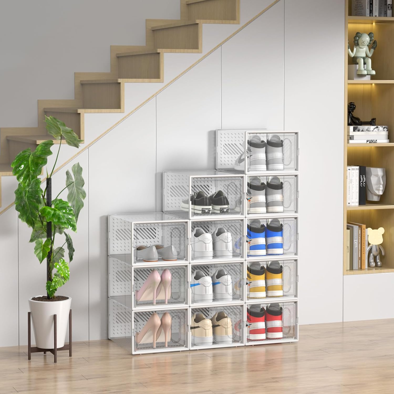 Set 4 cutii organizatoare pentru incaltaminte, pliabile, design transparent, 34.5x25.5x105cm, alb