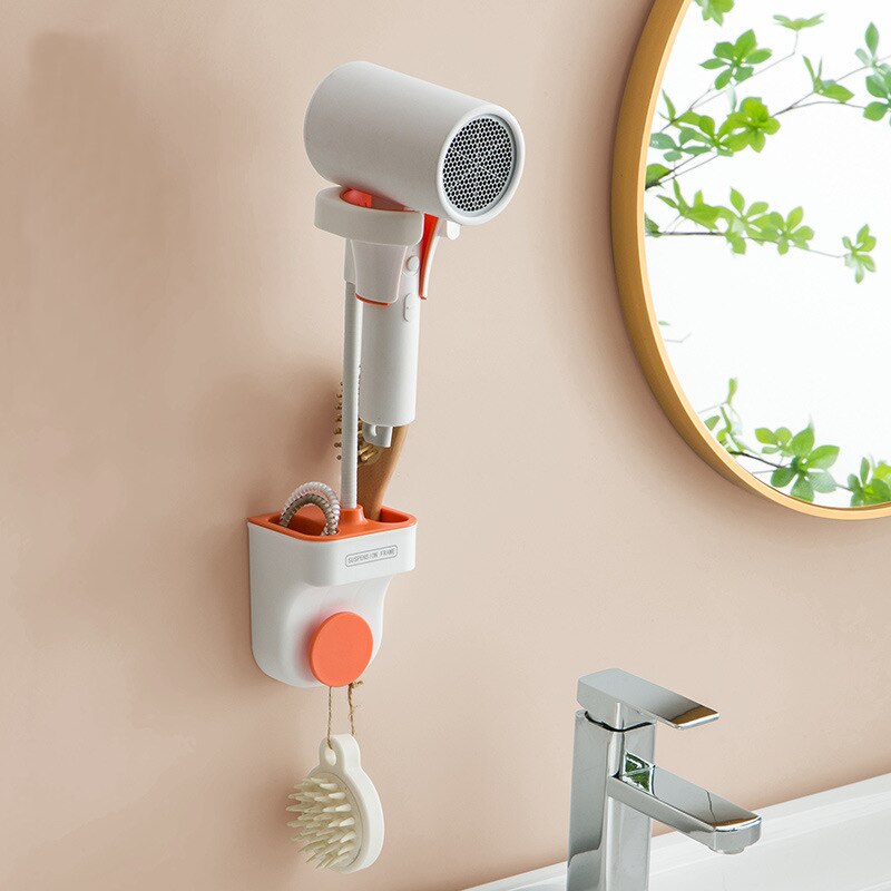 Suport pentru para de dus sau feon, multidirectional, din ABS, montare pe perete, lipire, rezistent, cu spatii de depozitare incorporate, alb/portocaliu