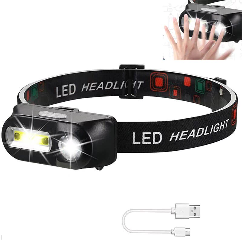 Lanterna frontala, de cap cu senzor, 3 moduri iluminat led Cob, 3 moduri iluminat led XPE, acumulator 3.7v, incarcare Usb 5v