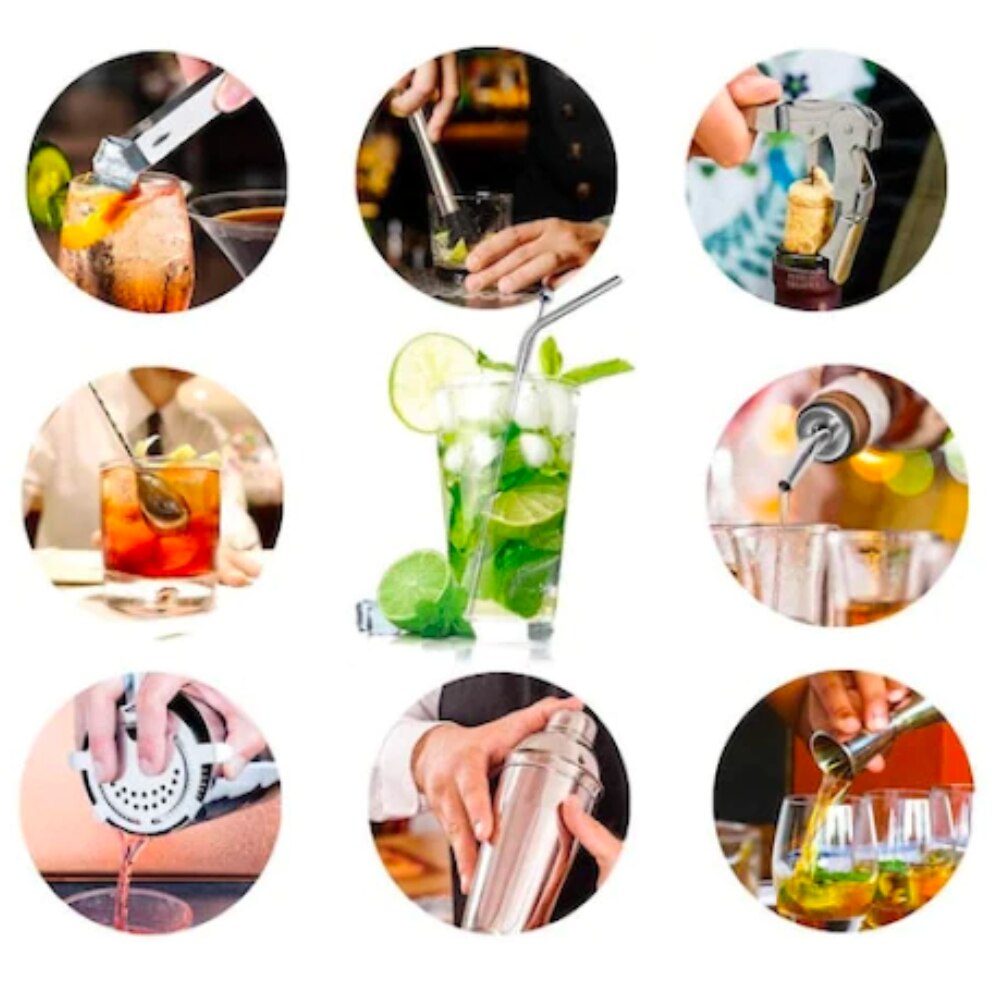 Set de Barman pentru Bauturi, suport din Bambus, Shaker Cobbler 550 ml, 10 Piese, Otel Inoxidabil, Argintiu