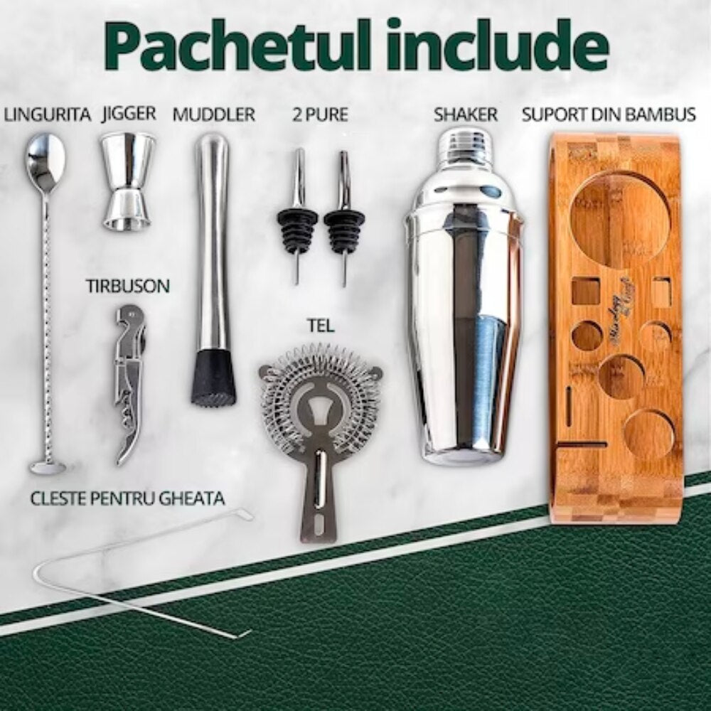 Set de Barman pentru Bauturi, suport din Bambus, Shaker Cobbler 550 ml, 10 Piese, Otel Inoxidabil, Argintiu