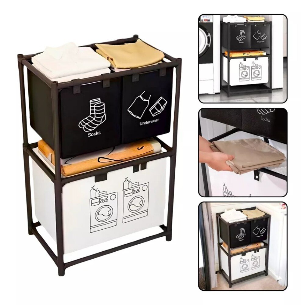 Raft pentru baie cu cos de rufe, doua straturi, cadru de otel inoxidabil, 97x28x57 cm, negru