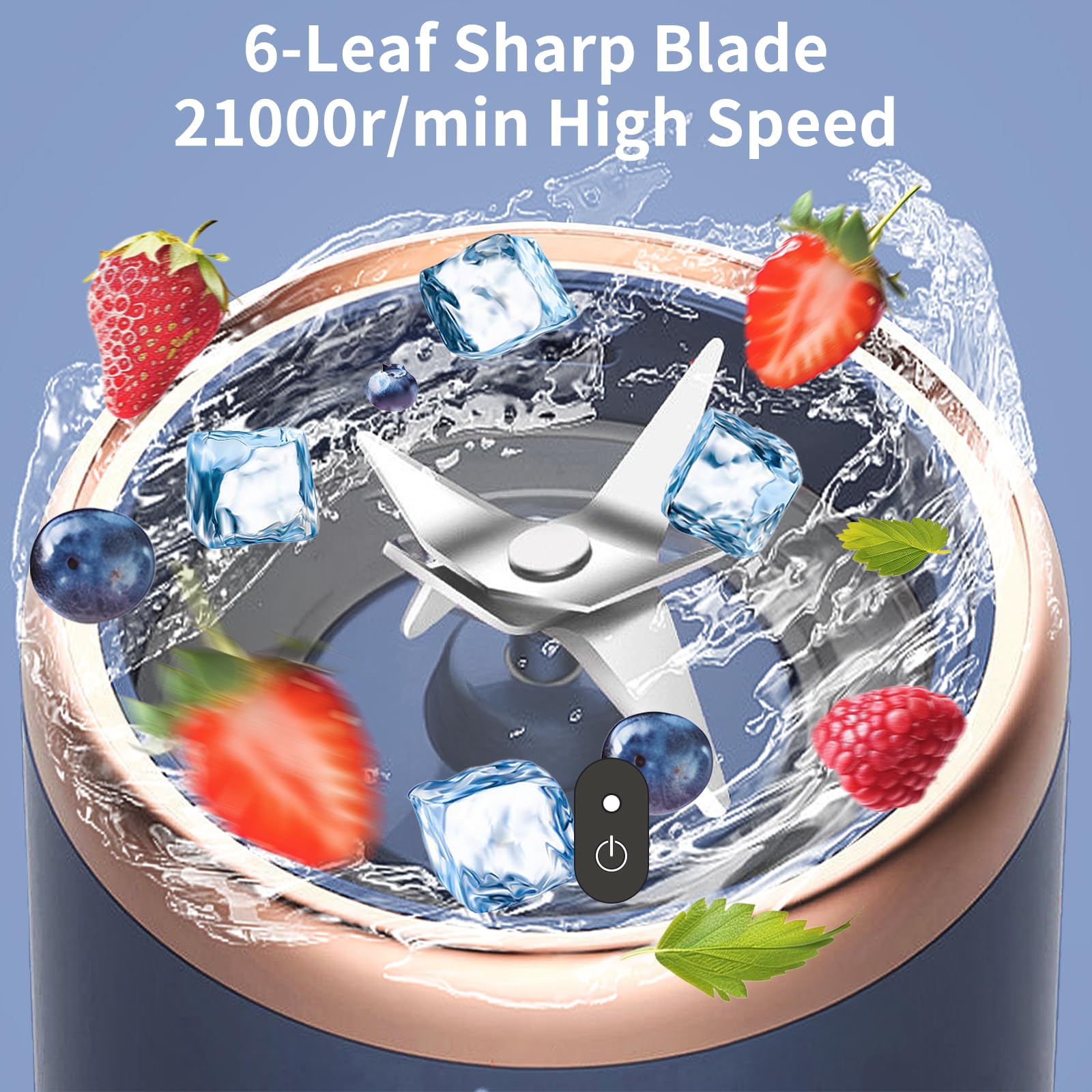 Mini Blender Portabil Electric, Cu Acumulator, 2 Recipiente, 6 Lame 3D, 300 ml, 40W, Capac Inclus, Albastru