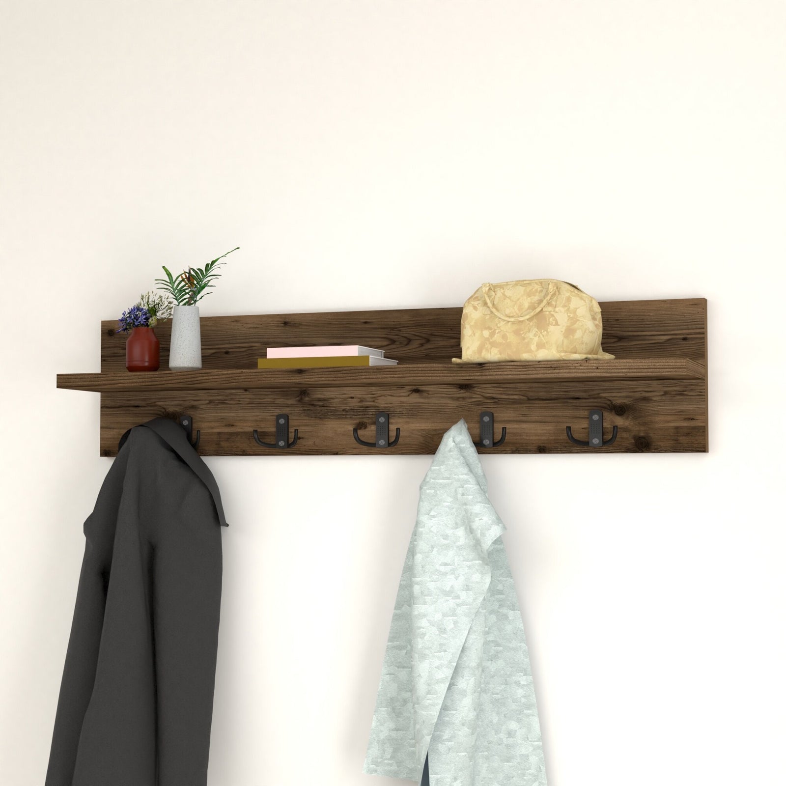 Cuier de perete cu 1 raft si 5 agatatori, montabil pe perete, 80 x 11 x 18 cm, PAL 18 mm