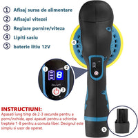 Aparat Polish Auto, 2 Acumulatori 12V, fara fir, portabil, 2500-5000 Rpm, 8 Viteze, Albastru/Negru - imagine 11