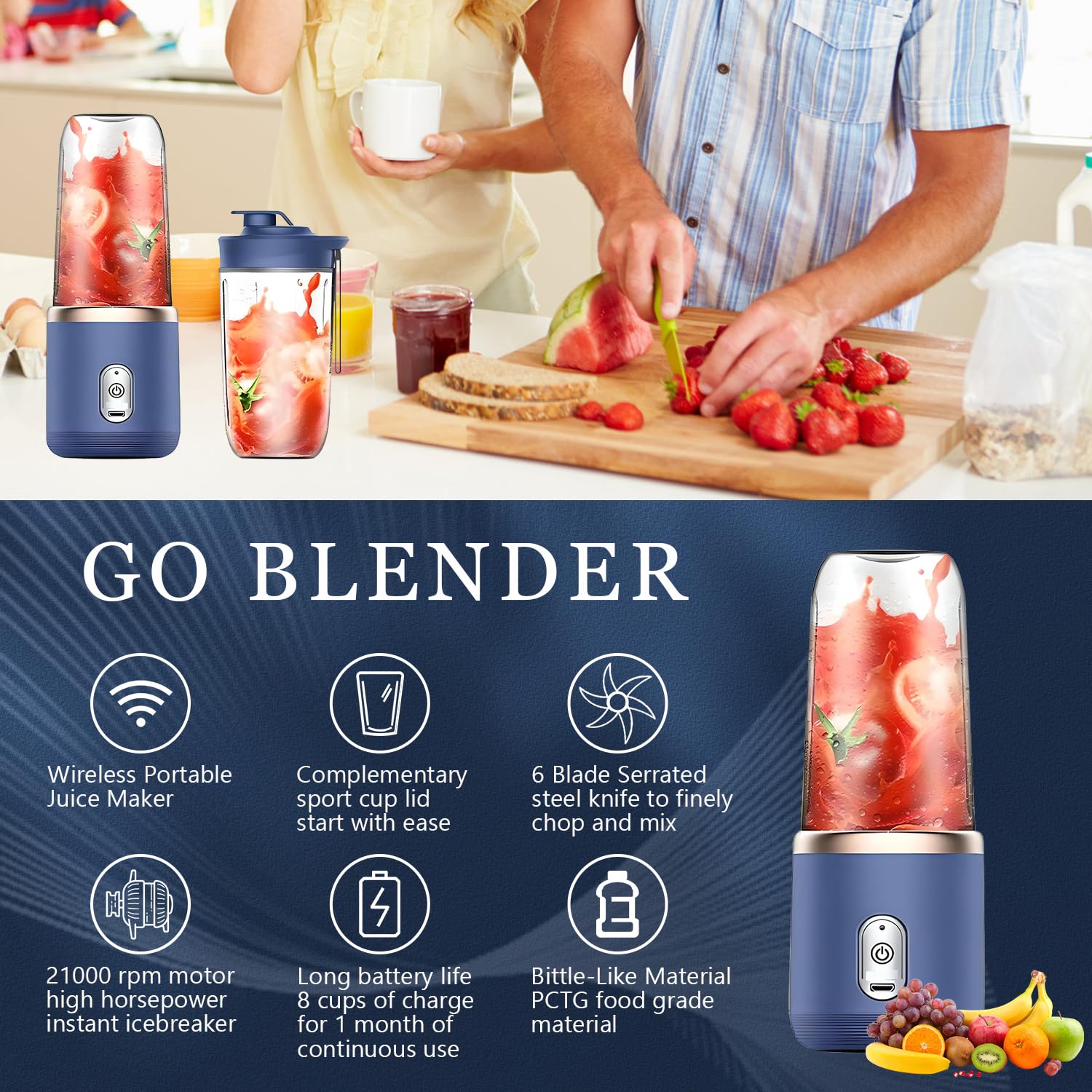 Mini Blender Portabil Electric, Cu Acumulator, 2 Recipiente, 6 Lame 3D, 300 ml, 40W, Capac Inclus, Albastru
