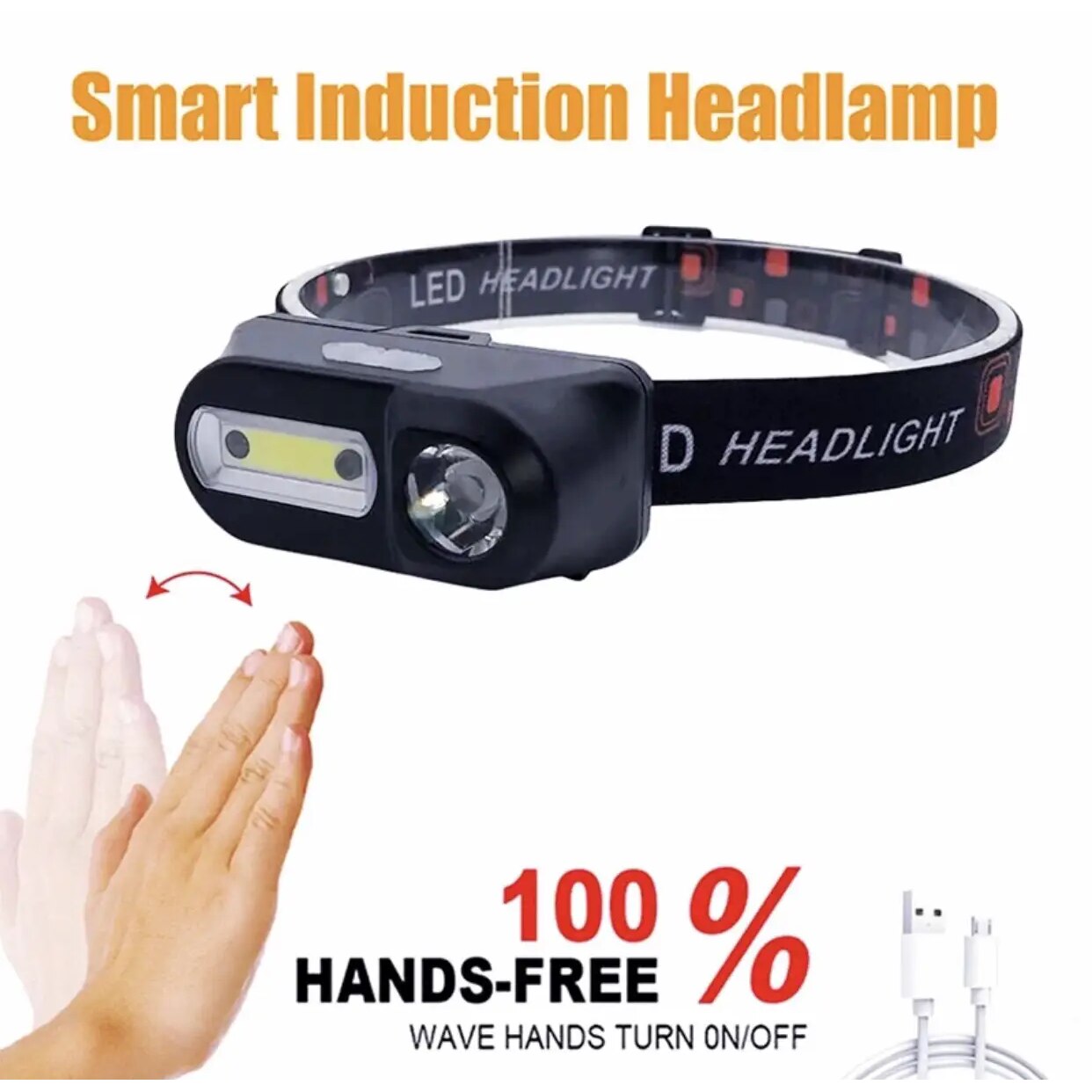 Lanterna frontala, de cap cu senzor, 3 moduri iluminat led Cob, 3 moduri iluminat led XPE, acumulator 3.7v, incarcare Usb 5v