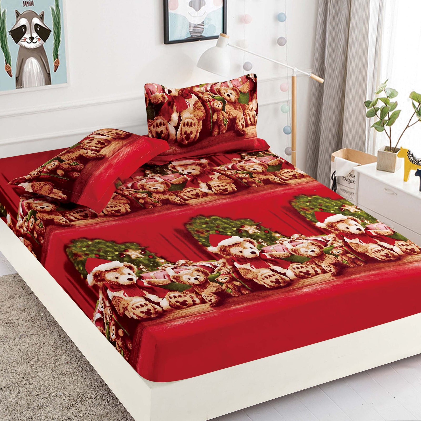 Husa de Pat cu Elastic din Bumbac Finet + 2 Fete de Perna, Pat 2 Persoane – Christmas Collections 180 x 200 cm