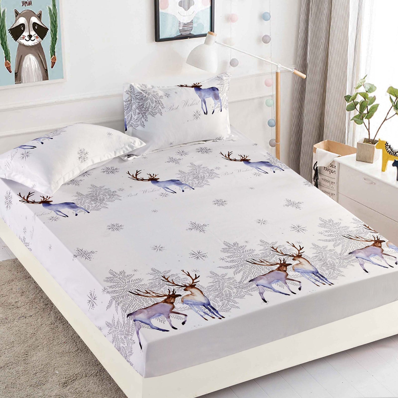 Husa de Pat cu Elastic din Bumbac Finet + 2 Fete de Perna, Pat 2 Persoane – Christmas Collections 180 x 200 cm