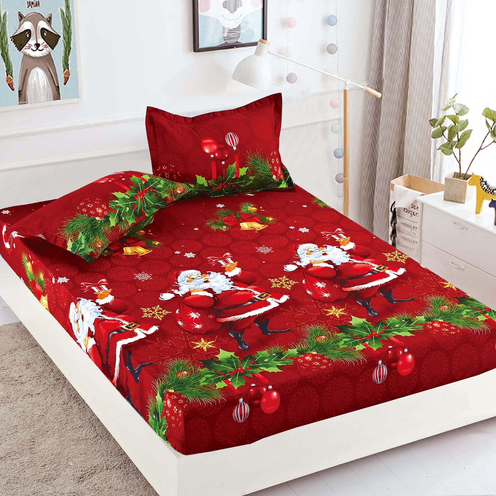 Husa de Pat cu Elastic din Bumbac Finet + 2 Fete de Perna, Pat 2 Persoane – Christmas Collections 180 x 200 cm