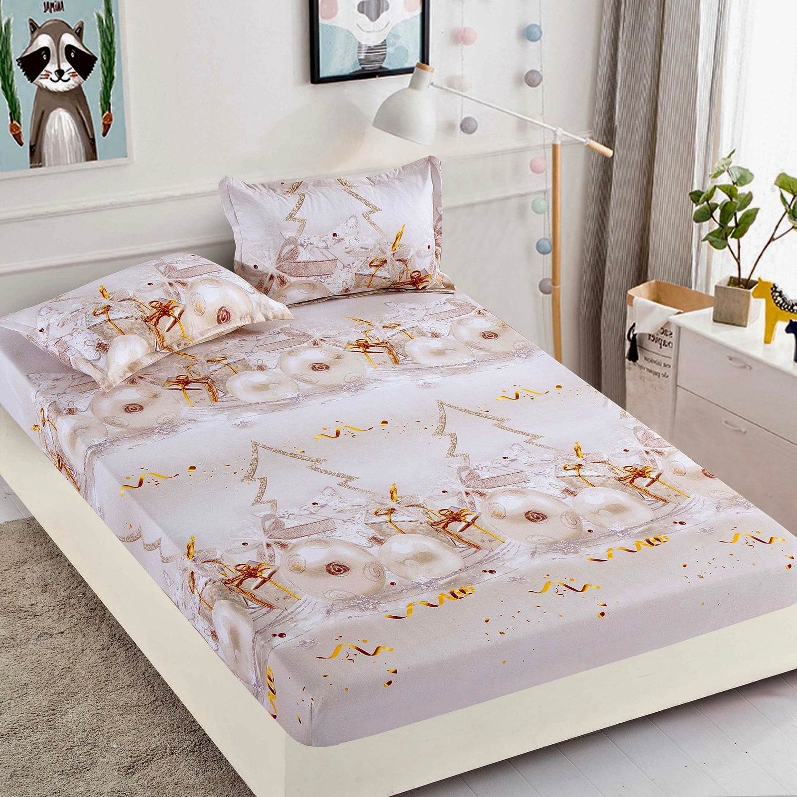 Husa de Pat cu Elastic din Bumbac Finet + 2 Fete de Perna, Pat 2 Persoane – Christmas Collections 180 x 200 cm