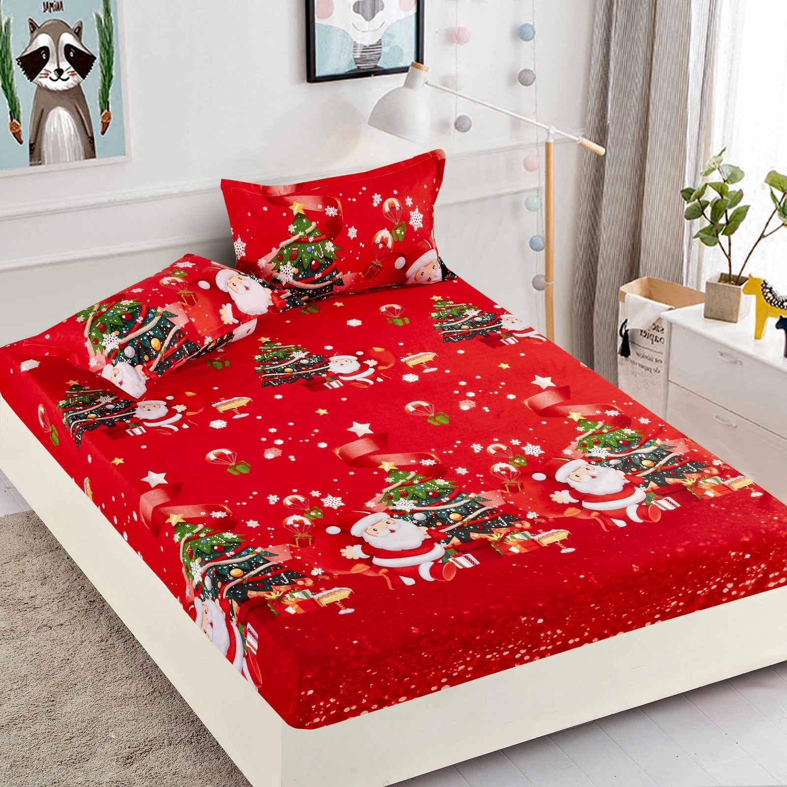 Husa de Pat cu Elastic din Bumbac Finet + 2 Fete de Perna, Pat 2 Persoane – Christmas Collections 180 x 200 cm