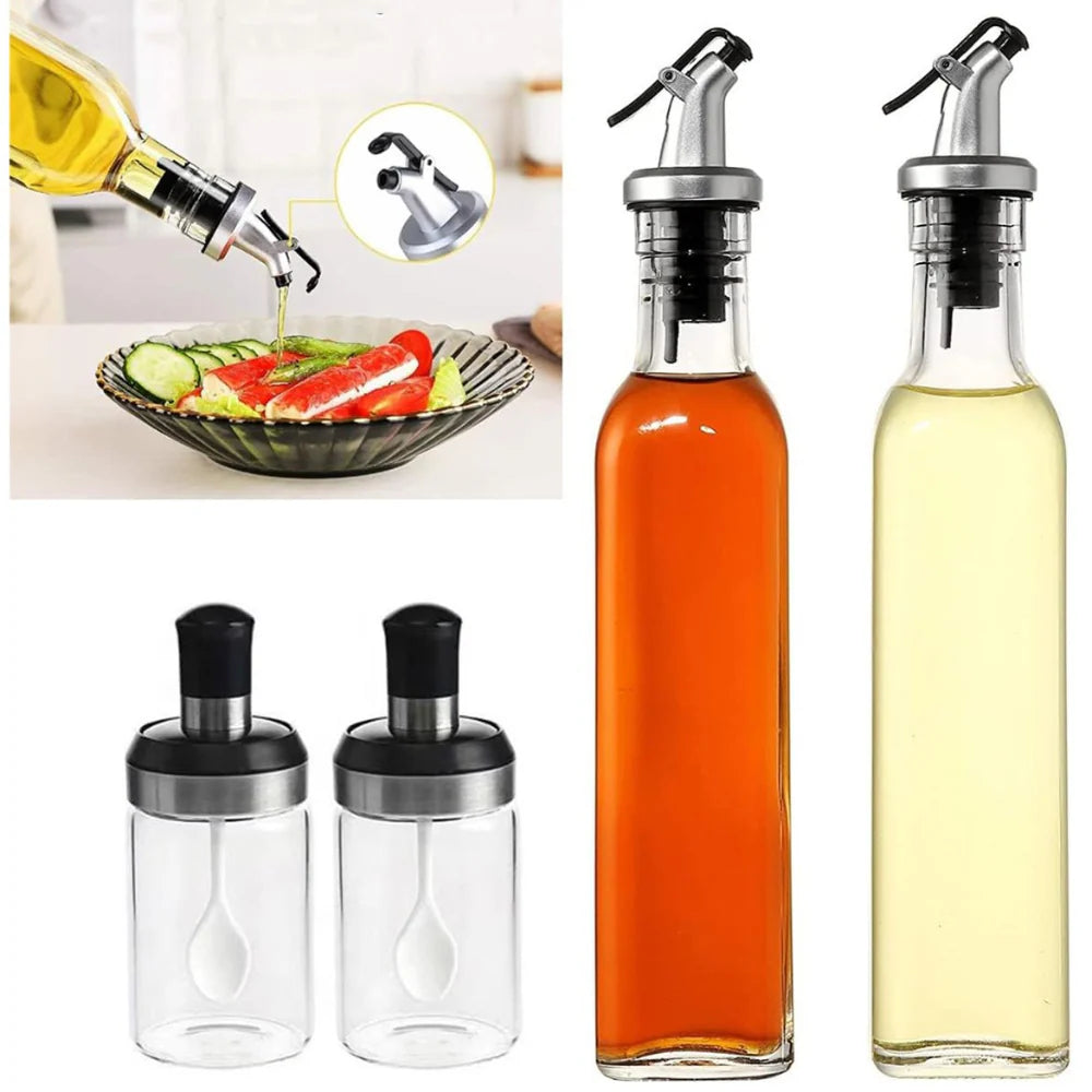 Set elegant pentru ulei, oțet și condimente – 2 sticle din sticlă 500 ml + 3 recipiente cu linguriță 250 ml