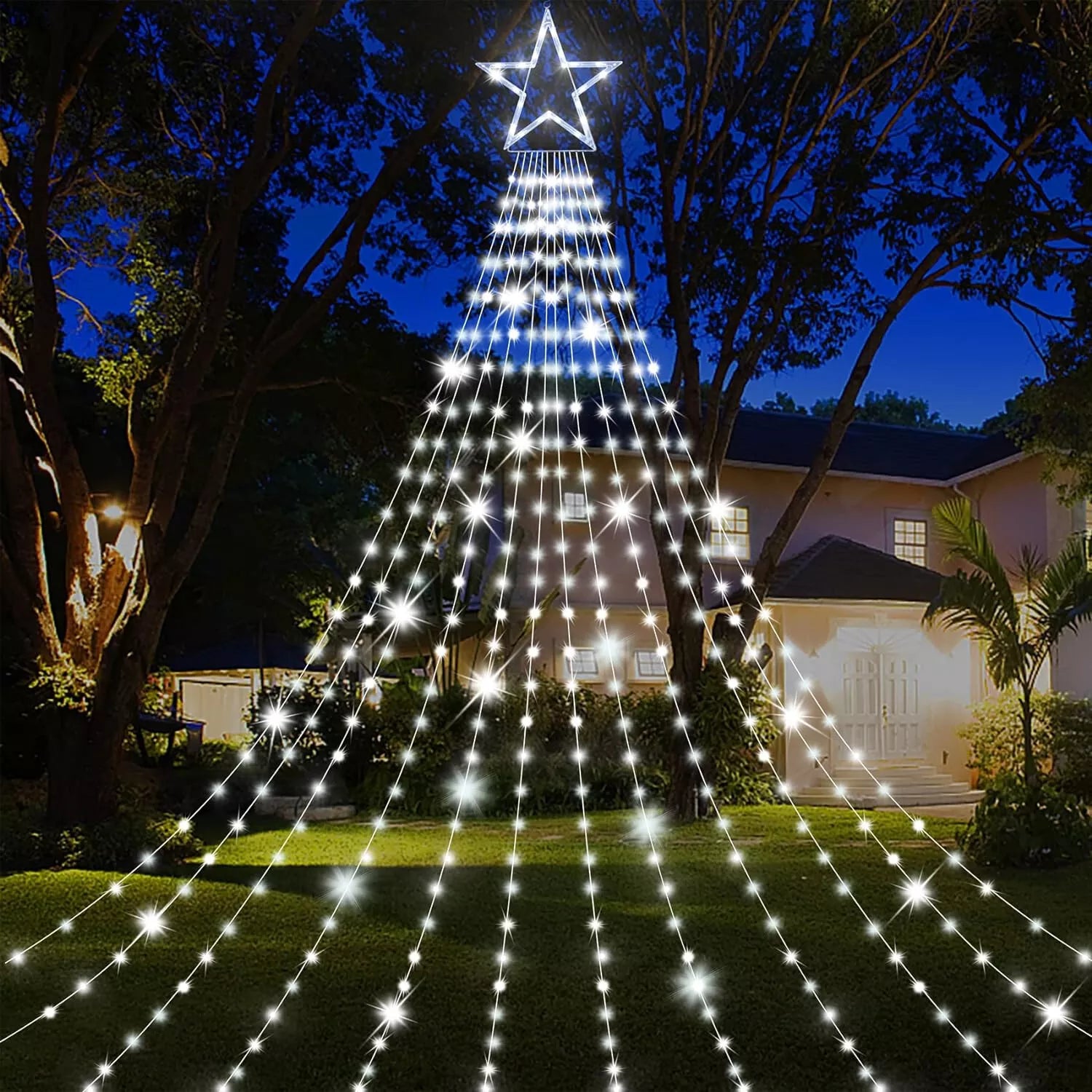 Instalatie Perdea cu varf de Stea Luminoasa 350 LED cu 9 Siruri, Alimentare la Priza, Decor Craciun