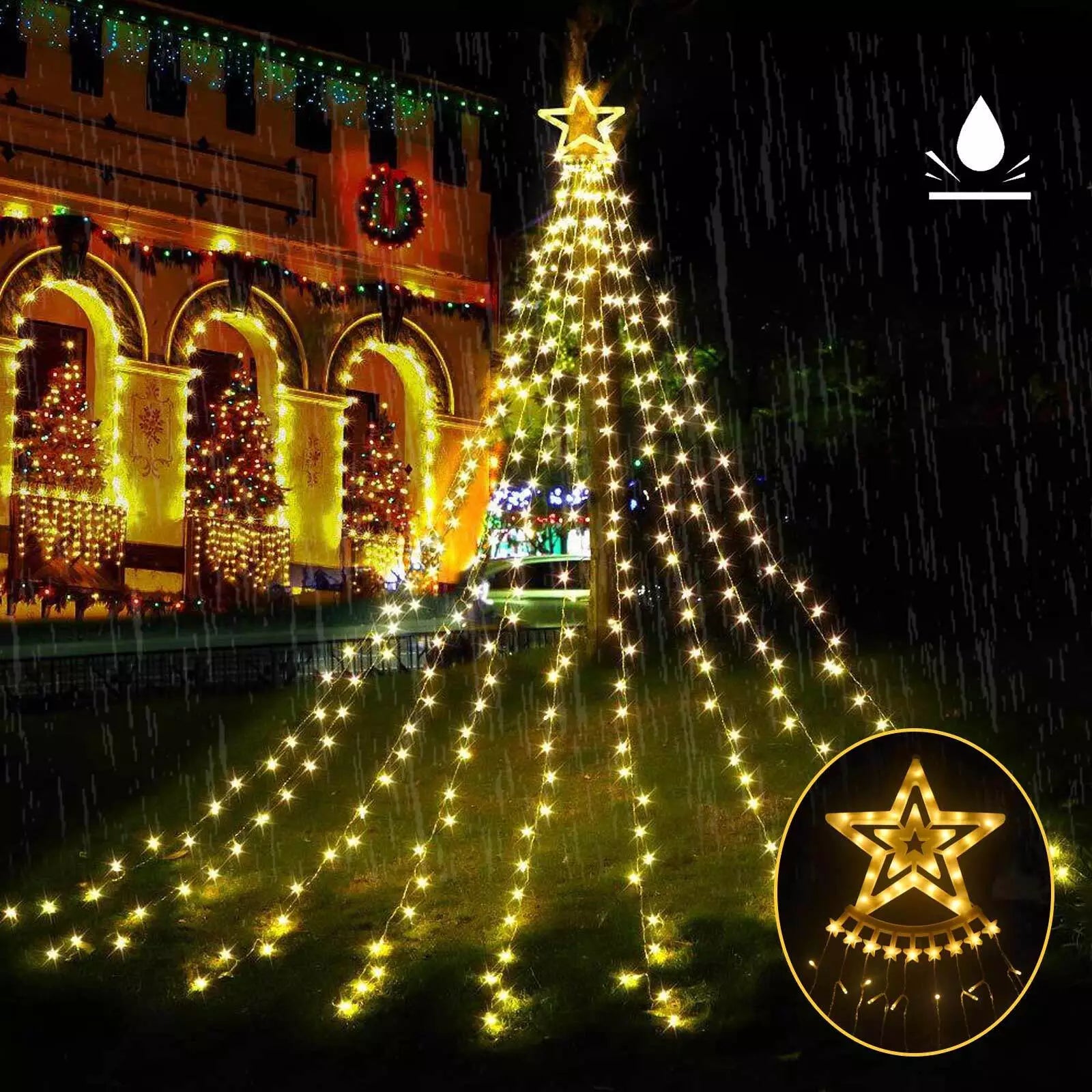 Instalatie Perdea cu varf de Stea Luminoasa 350 LED cu 9 Siruri, Alimentare la Priza, Decor Craciun