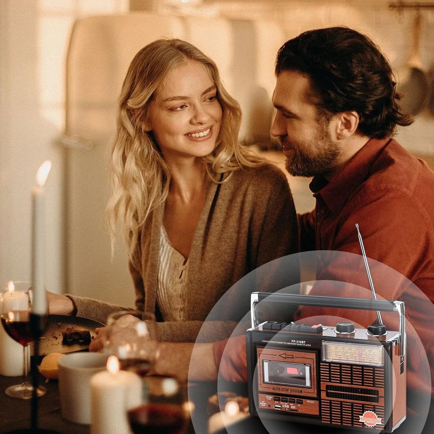 Radio retro portabil FP-319BT, 6 în 1 – Casetofon, MP3, Bluetooth, USB/SD, FM/AM/SW, Negru