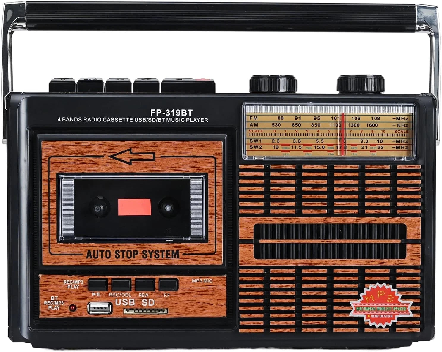 Radio retro portabil FP-319BT, 6 în 1 – Casetofon, MP3, Bluetooth, USB/SD, FM/AM/SW, Negru