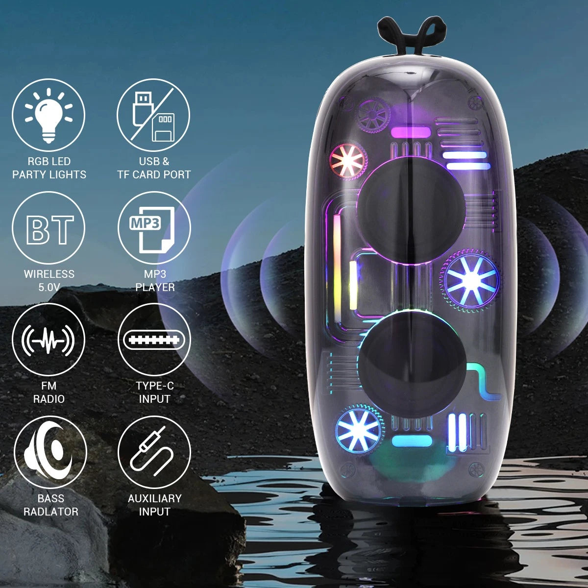 Boxa Portabila Bluetooth, Design Transparent cu Lumini RGB si Sunet Puternic