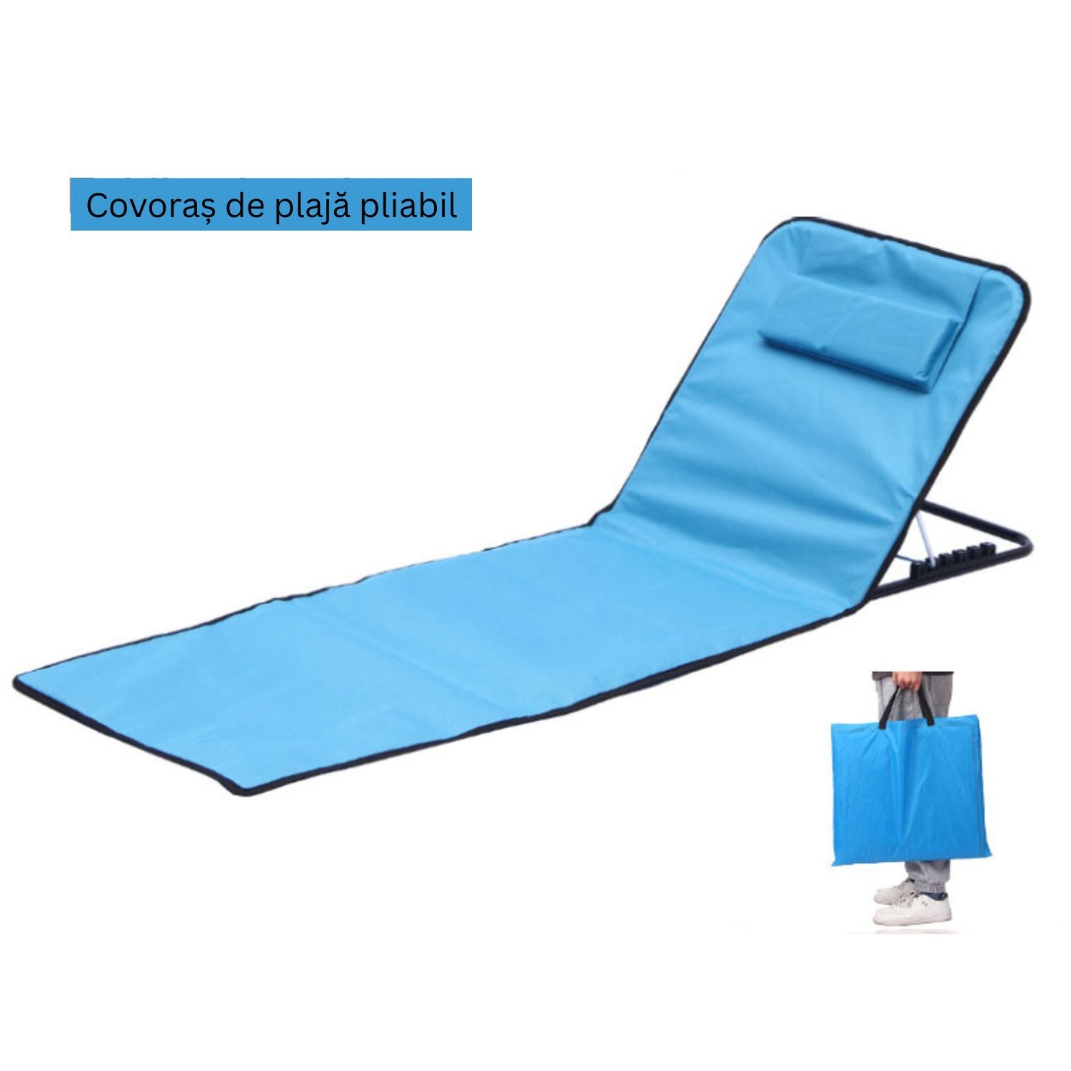 Saltea si scaun pliabil 2 in 1 din material Oxford, pentru plaja, camping si picnic, albastru, 145x47x40 cm