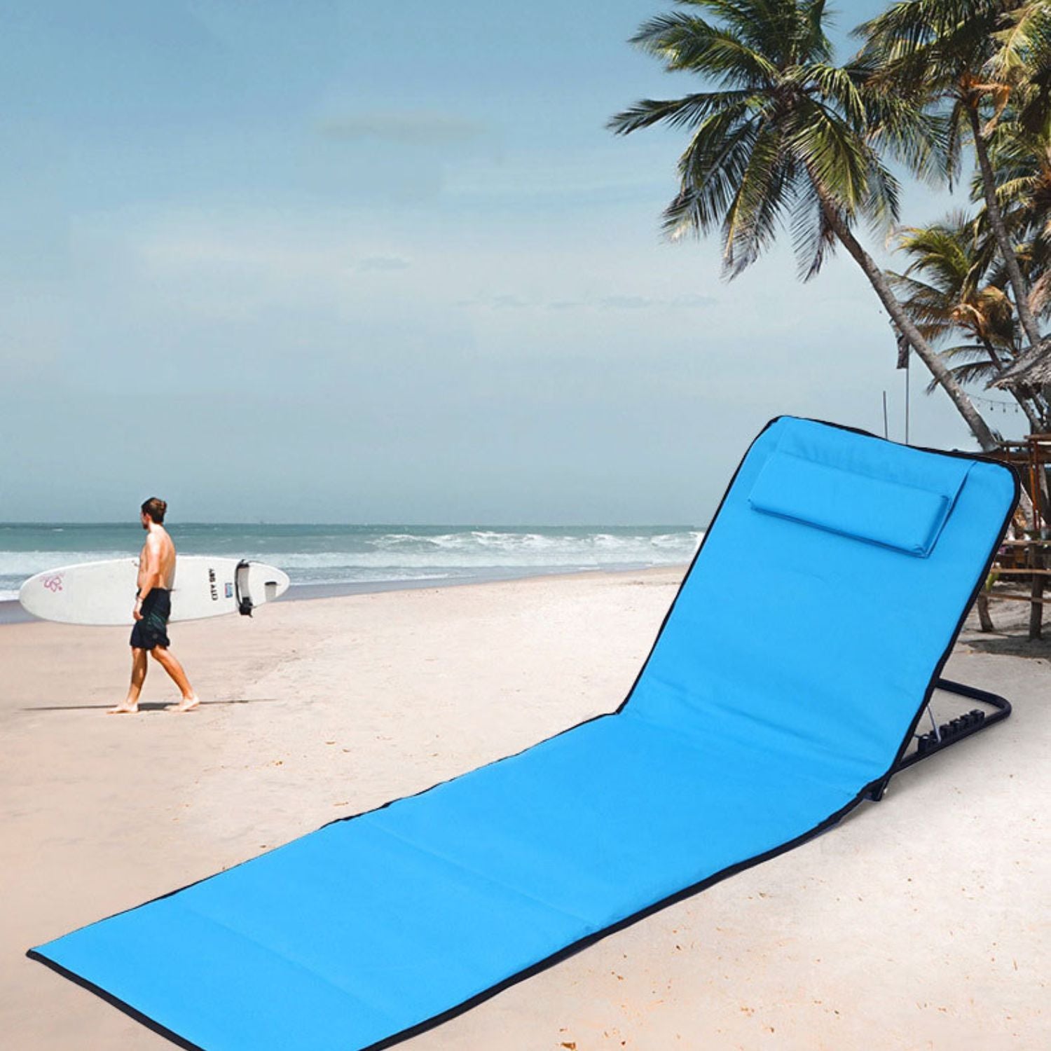 Saltea si scaun pliabil 2 in 1 din material Oxford, pentru plaja, camping si picnic, albastru, 145x47x40 cm