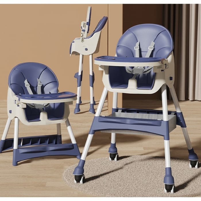 Scaun de Masa pentru Bebelusi si Copii cu Roti, Telescopic, Pliabil, Masuta Reglabila, Suport Picioare, Scaun cu Invelis Piele Artificiala, Centura Siguranta, Spatiu Depozitare, 97x73x65 cm,