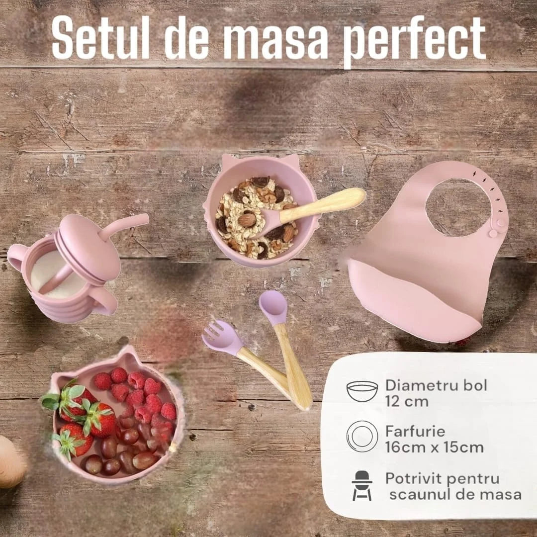 Set hranire bebelusi 8 piese, termorezistente, silicon, fara BPA, pliabile, usor de curatat