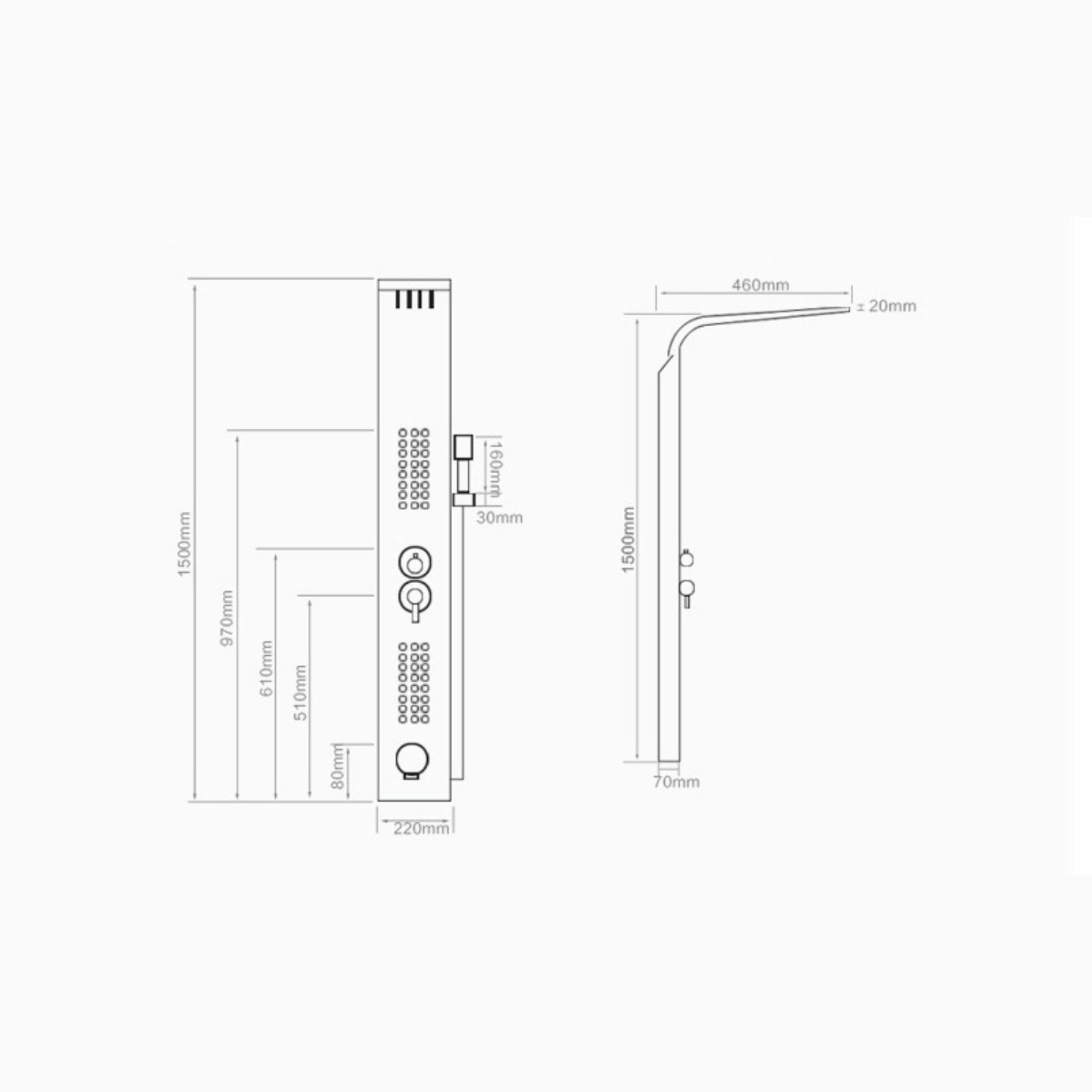 Set dus cu cap rectangular si baterie termostatata din inox, montaj pe perete, culori argintiu si auriu