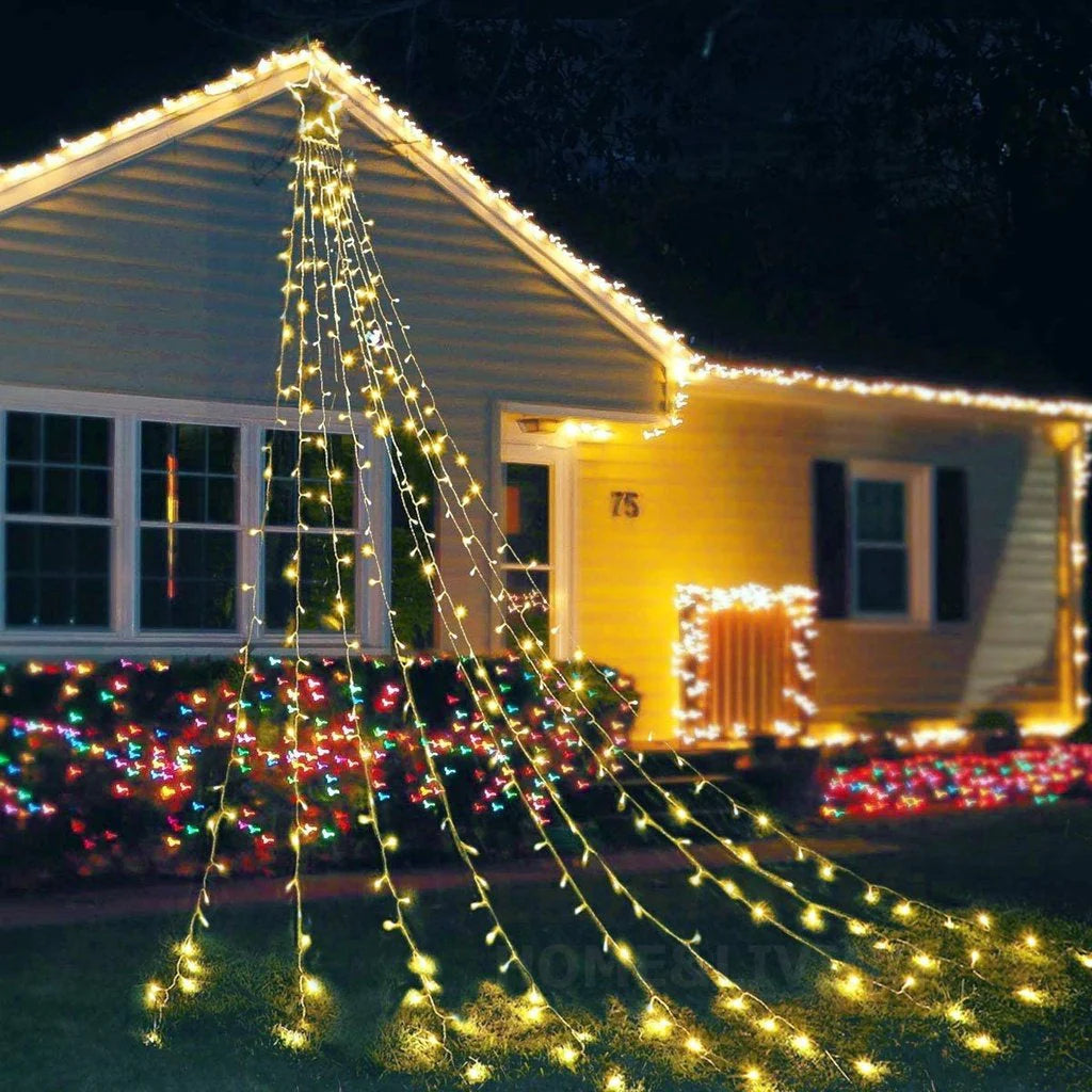 Instalatie Perdea cu varf de Stea Luminoasa 350 LED cu 9 Siruri, Alimentare la Priza, Decor Craciun