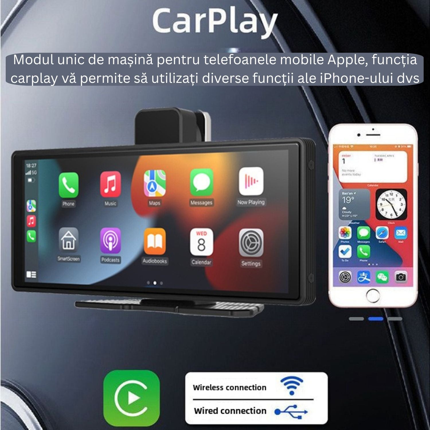 Sistem DVR auto cu ecran tactil 10.26 inch, CarPlay, recorder dual fata 4K si spate 1K, camera marsarier