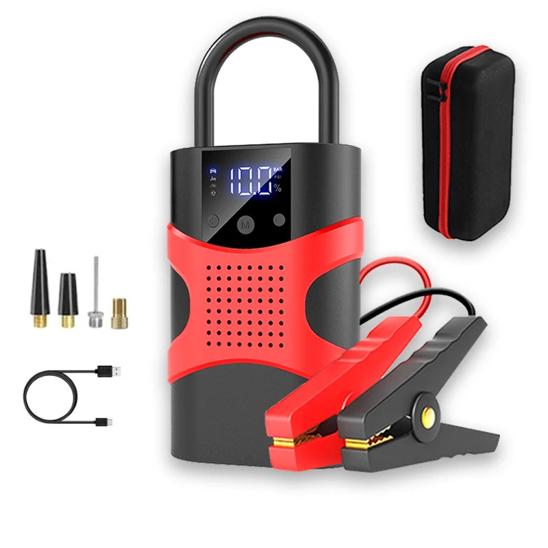 Starter auto multifunctional, portabil, 12000mAh powerbank, cu compresor, USB, afisaj LCD, lanterna, pornire auto
