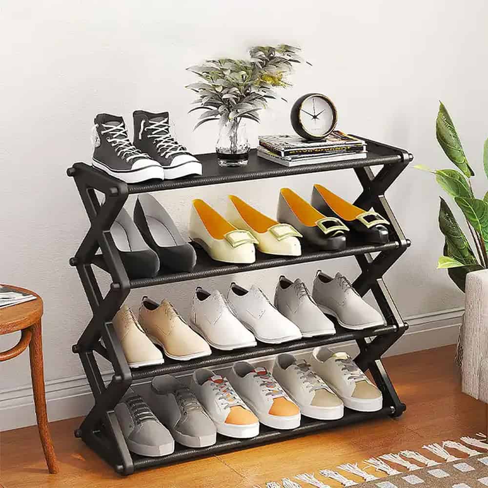 Suport depozitare și organizare pantofi, 4 rafturi, alb, metal și plastic, 58 cm