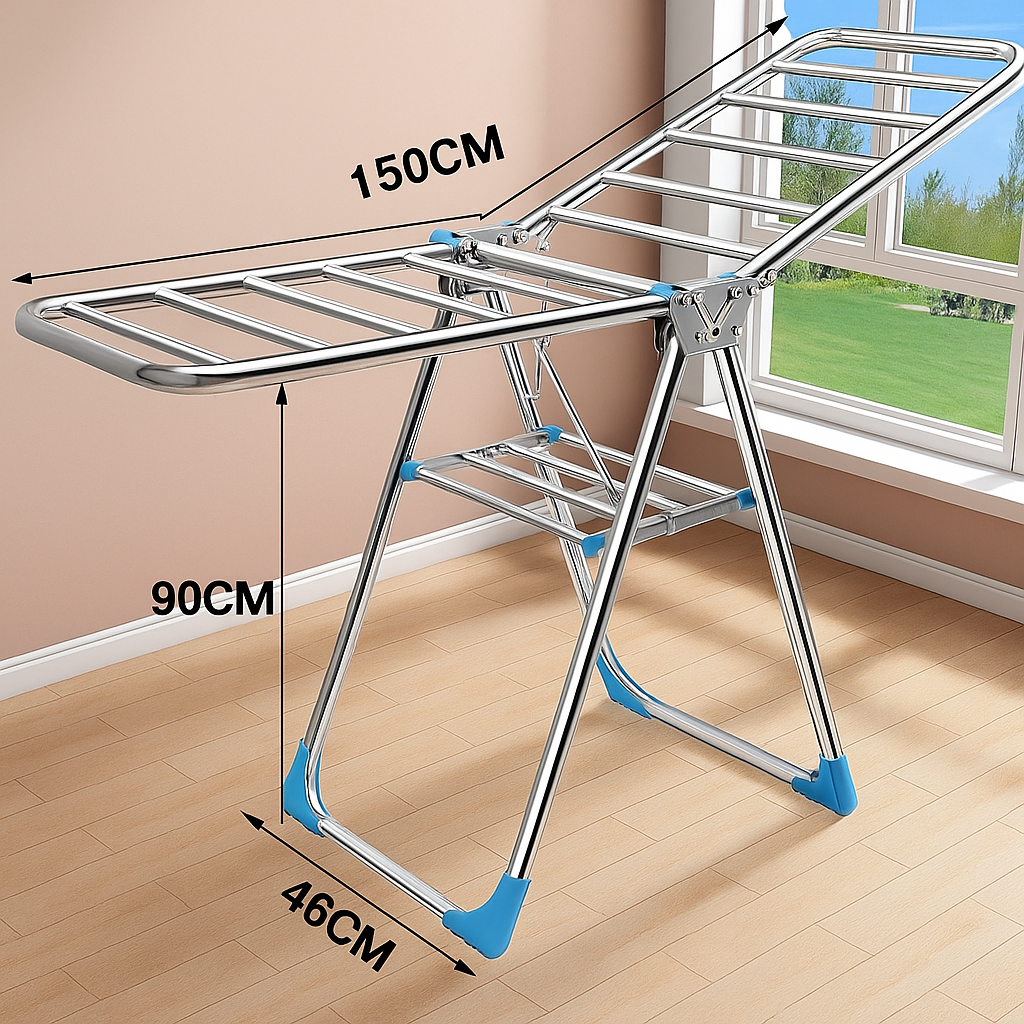 Suport pliabil metalic pentru uscat rufe 150x90x46 cm – organizator multifunctional, dublu nivel, economisitor de spatiu