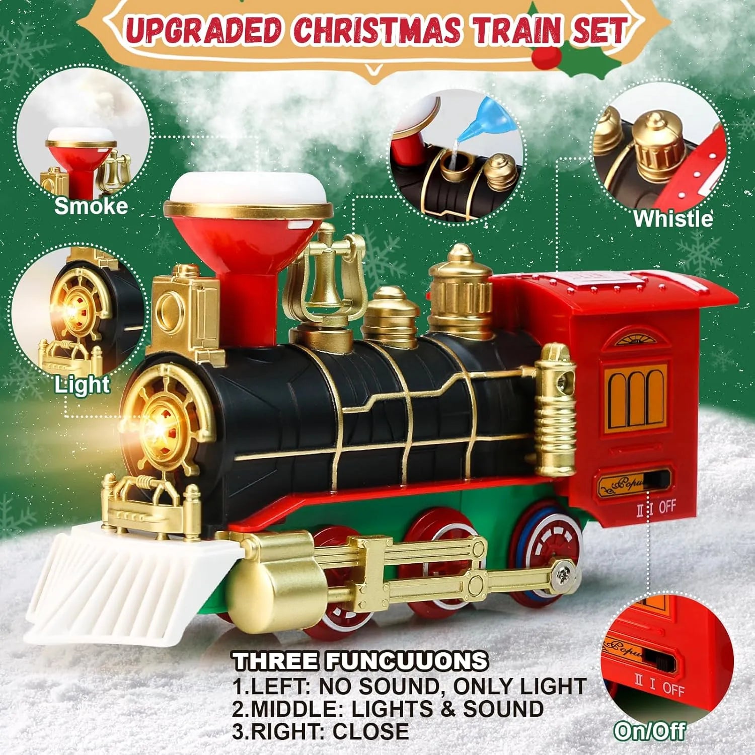 Set Tren Electric de Craciun pentru Brad cu Fum, Lumini si Sunete, 22 Piese, Locomotiva, Vagon Carbune, Sanie Mos Craciun si Sine