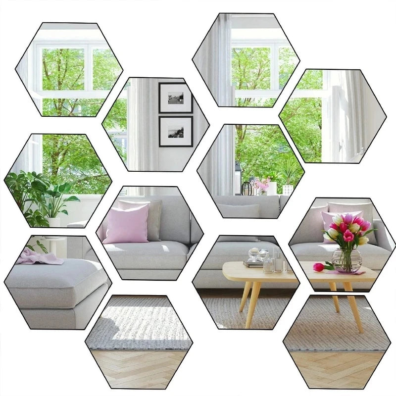 Set 12 oglinzi acrilice autoadezive decorative forma hexagon, diametru 7, 13, 20 si 23 cm