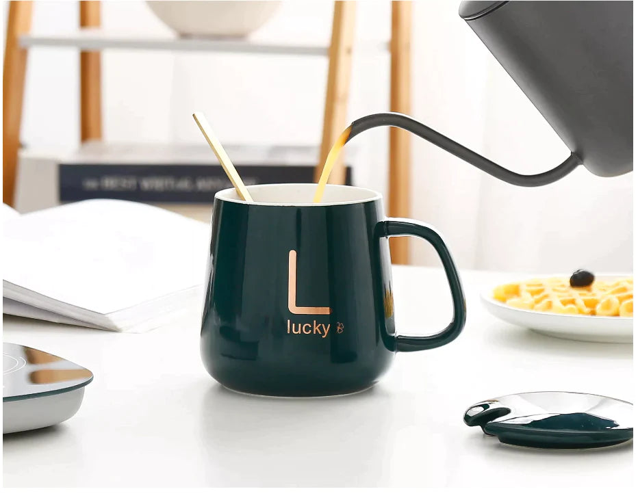 Set cadou Cana ceramica cu incalzitor, lingurita, temperatura constanta 55 grade, 220V, 400 ml