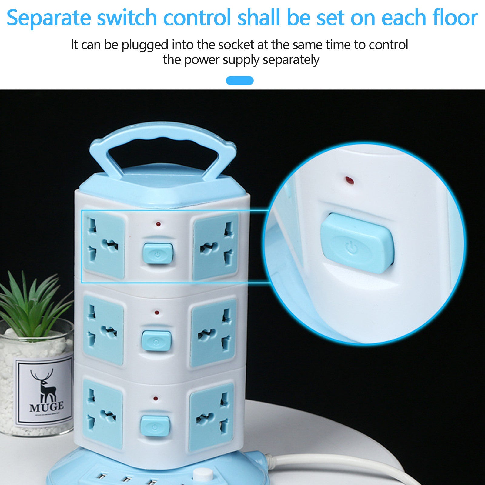 Prelungitor turn / vertical cu 12 Prize 3 porturi USB, 3 Intrerupatoare, alb/albastru