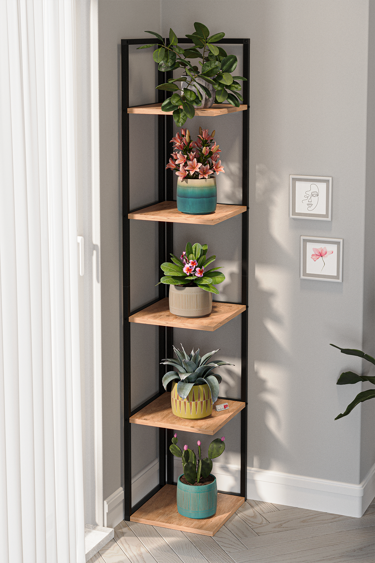 Suport Inalt de Colt pentru Plante cu 5 Rafturi, Cadru Metalic, 36 x 180 cm