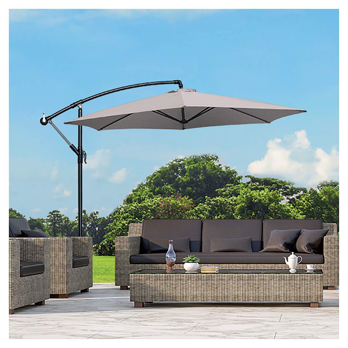 Umbrela de soare suspendata pentru gradina sau terasa, rotunda 3m X 2.5m X 2.3m, suport inclus