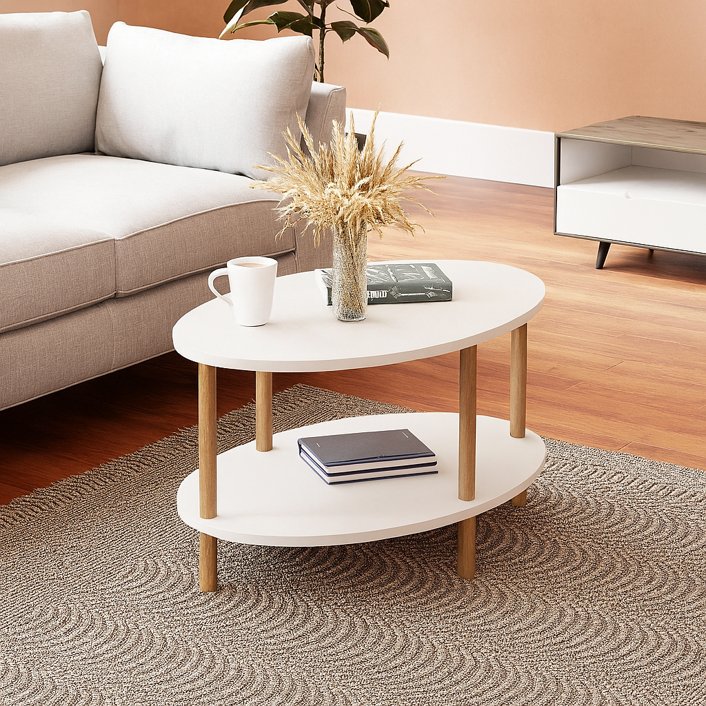 Masa de cafea ovala, cu raft inferior depozitare, 43 x 70 x 44 cm