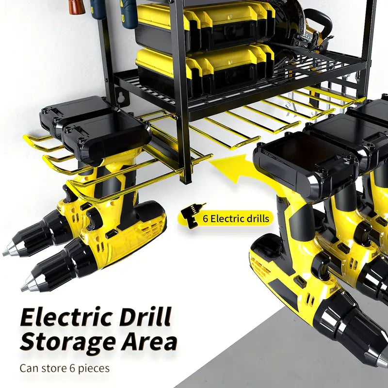 Raft pentru scule si unelte, din metal, cu montare pe perete, dimensiuni 60x41.5x24.5 cm, cu 4 compartimente de depozitare, carlige pentru agatare, negru